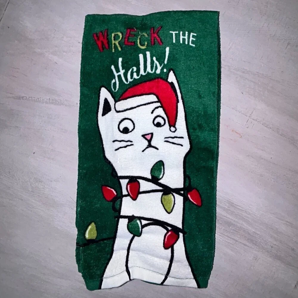 NEW RITZ Christmas Cat Wreck The Halls Kitchen Towel Bath Hand Towel Set of 2